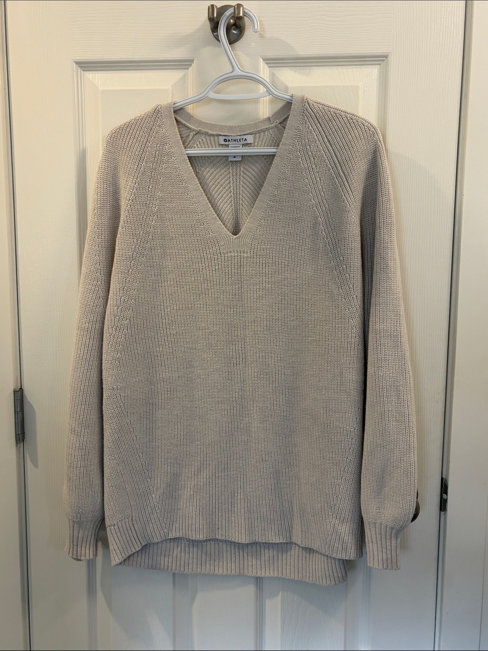Athleta V-Neck Lightweight Knit Sweater in Taupe